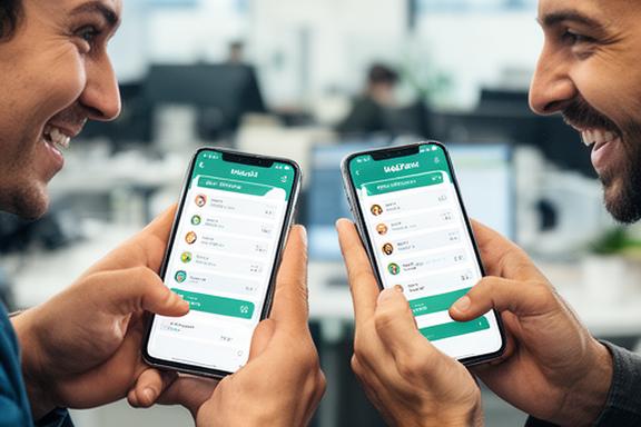 Two colleagues comparing brain training scores on their phones with leaderboard visible