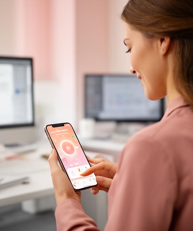 Professional woman using brain training app on her smartphone in a bright modern office